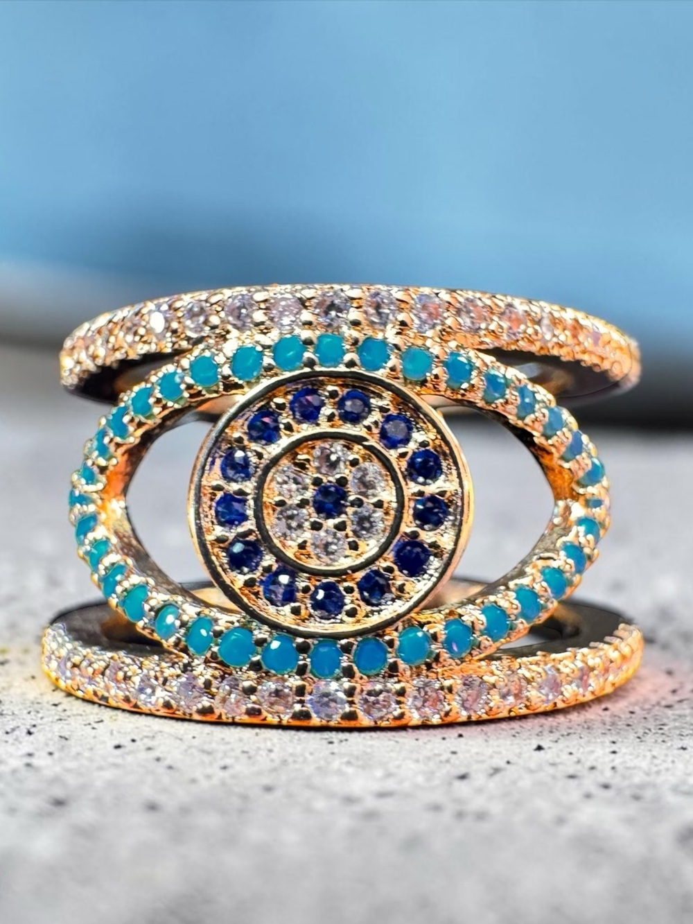 Bohemian Evil Eye Multilayered Crystals Statement Ring. New.